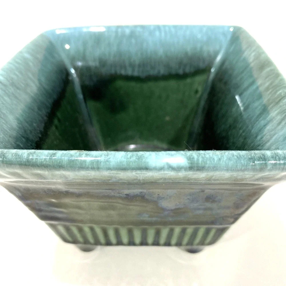 Hull USA Art Pottery Small Square Planter #A2 Green Drip Glaze Mid Century